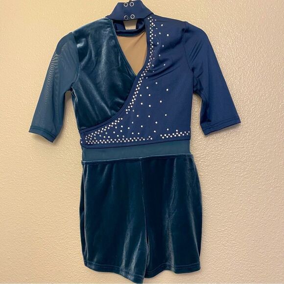 WEISSMAN Dance Costume velvet teal leotard custom rhinestone Chains 14912 LC - Picture 2 of 10